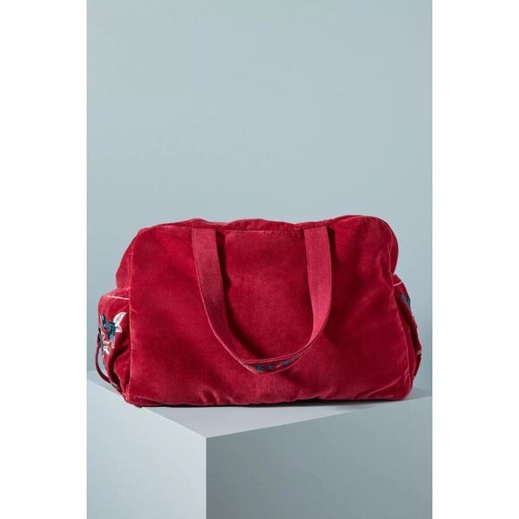 Anthropologie Floral Velvet Weekender Bag Pink Blue Embroidered NEW - Picture 2 of 15